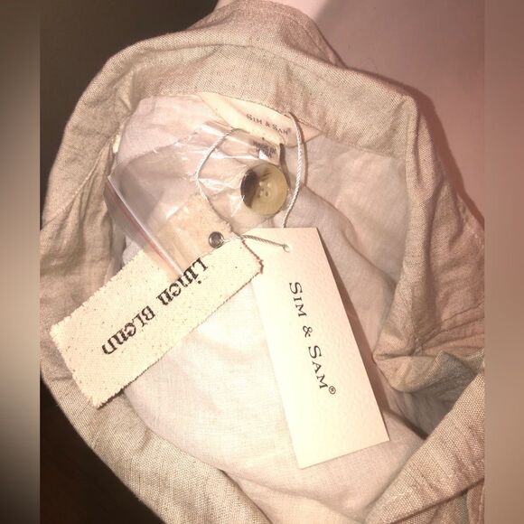 Sim & Sam Size L Linen Blend Lined Tan Sleeveless Button Up Shirt Dress w/ Belt - Picture 4 of 9